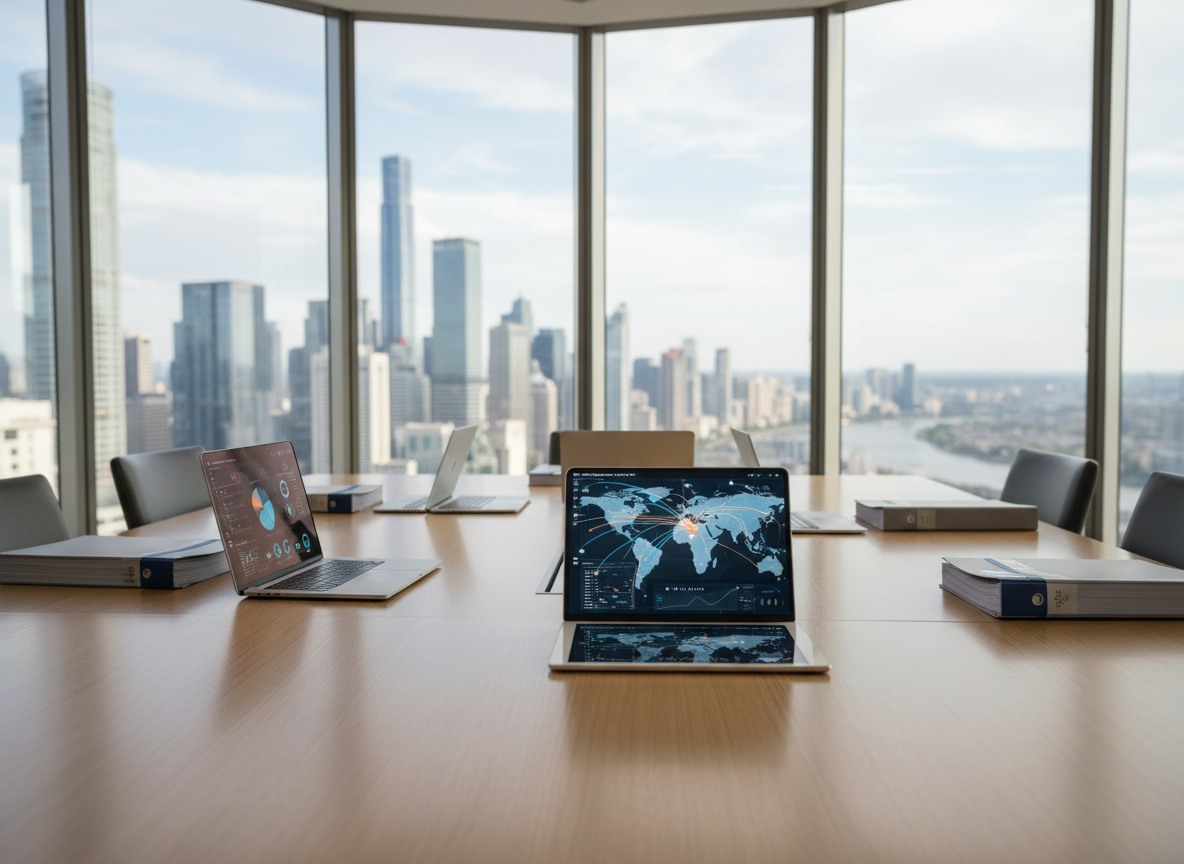 A wide, polished conference table made of light oak, covered with neatly stacked procurement reports, open laptops showing global supply chain dashboards, and a central digital tablet displaying a world map with highlighted trade routes. The setting is a high-floor glass-walled meeting room overlooking a modern city skyline, with large windows allowing diffused midday daylight to flood the space. Cool, even lighting creates crisp reflections on the table’s surface and subtle shadows under the devices. Captured at eye level with a slight diagonal angle, the foreground documents are in sharp focus while the cityscape softly blurs. The atmosphere is professional, analytical, and globally connected, expressed in clean, photographic realism suitable for a procurement news homepage hero image.